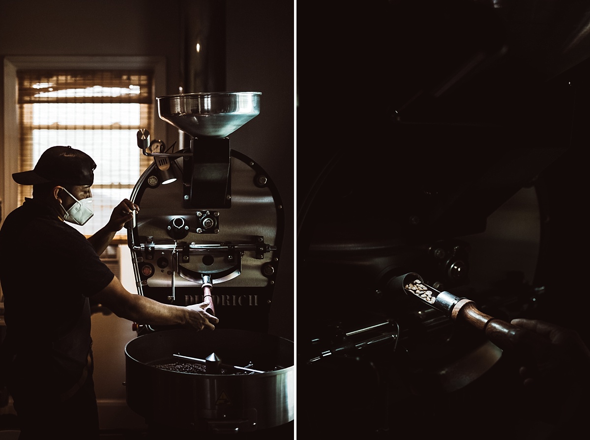 juan salazar of la coop coffee checks beans in his roaster