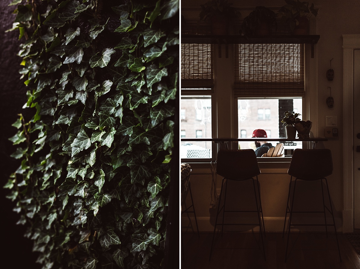 ivy colored wall and man in a red hat at la coop coffee