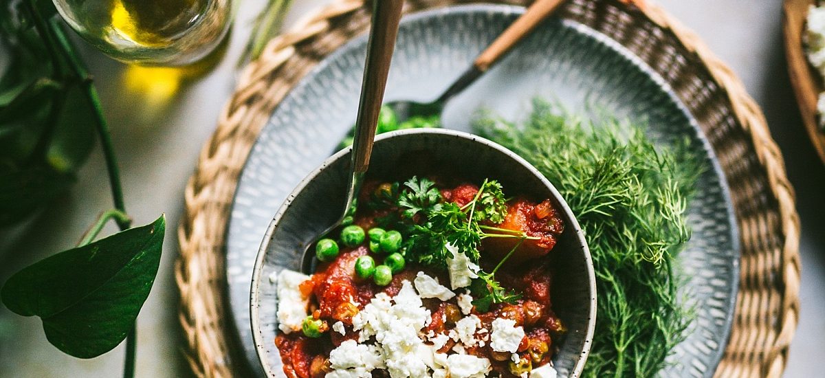 overhead shot of stewed greek peas