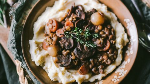 Vegetarian Co au Vin over creamy garlic mashed potatoes