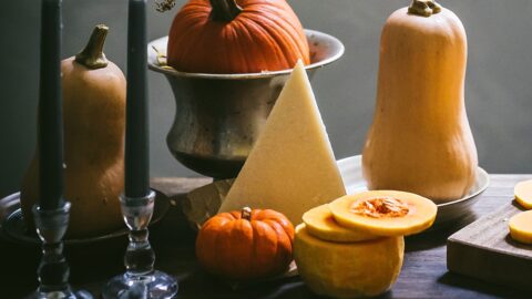 thanksgiving vingnette of golden and orange vegetables and pumpkins against soft gray background