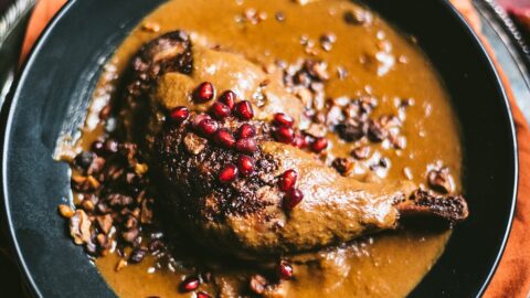 golden chicken leg quarter rests in an iranian walnut pomegranate stew topped with lovely backlit pomegranate arils