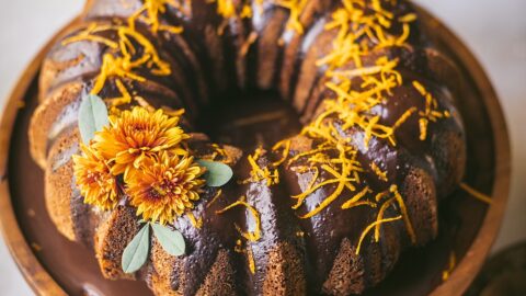 3/4 shot of Brazilian carrot cake swirled with chocolate marbling and covered with a silky cocoa glaze